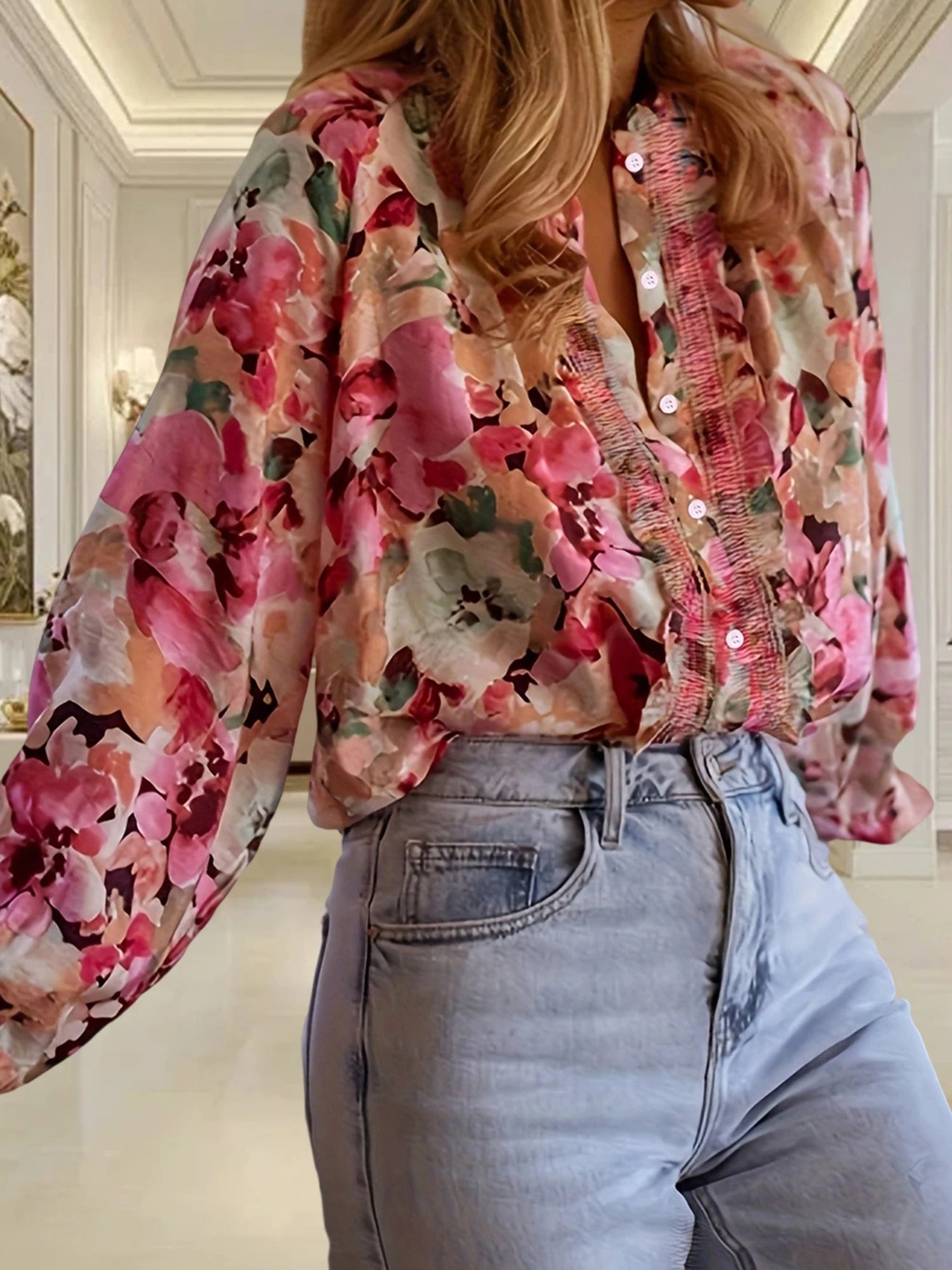 Floral Ruffle Button Blouse